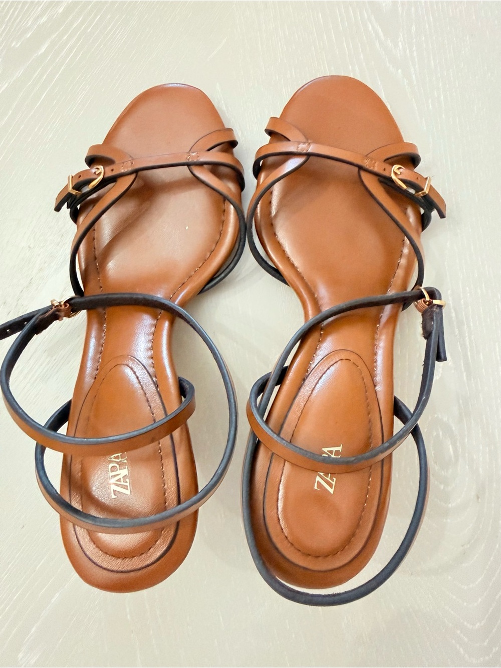 Zara Tan Brown Leather Strappy Sandals with Ankle Wrap - Picture 5 of 6